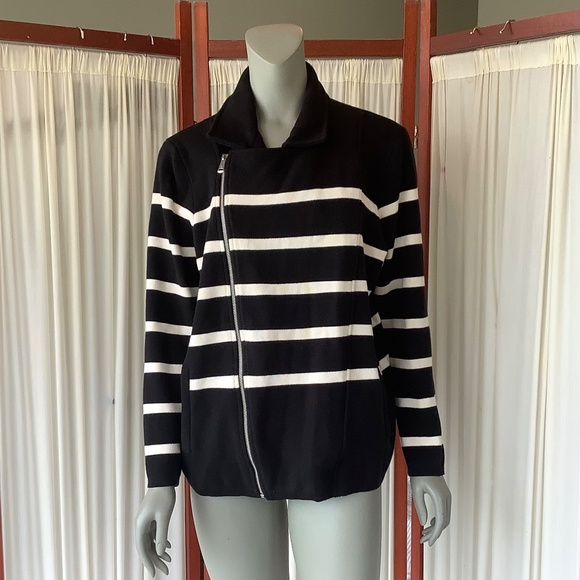 Ralph Lauren Women's Asymmetrical Zip Cardigan Black White Striped Size 1X - Picture 2 of 7